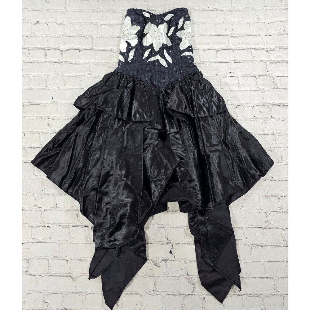 CUSTOM MADE Strapless Ruffles Black Gray Cocktail Evening Dress SMALL SIZE